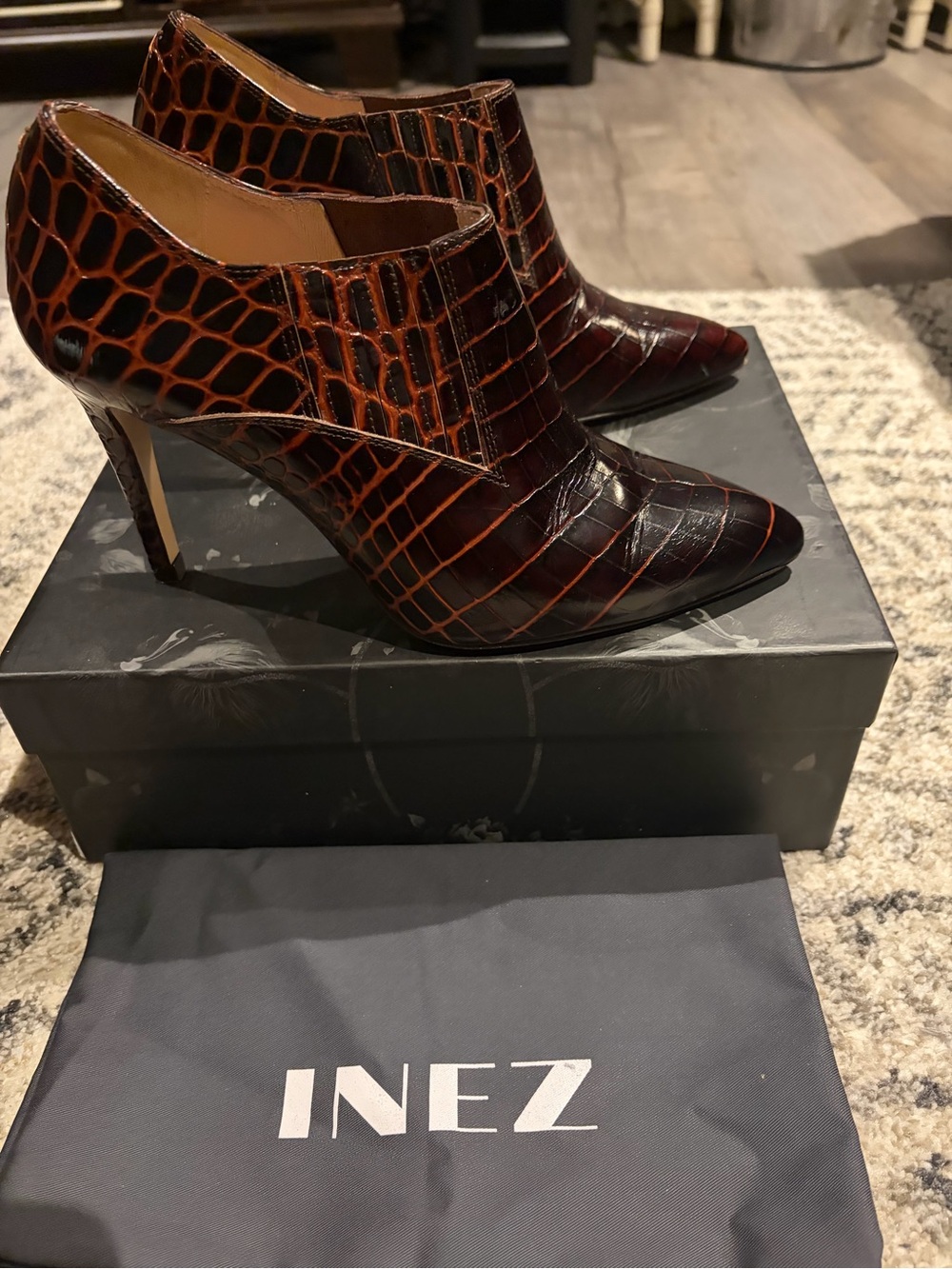 Inez Brown Croc-Embossed Pointed Toe Ankle Booties